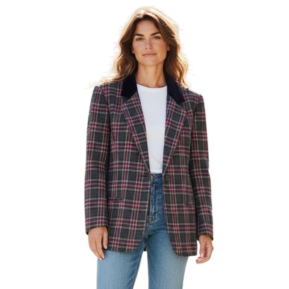 Sag Harbor Plaid‎ Blazer Velvet Collar Preppy